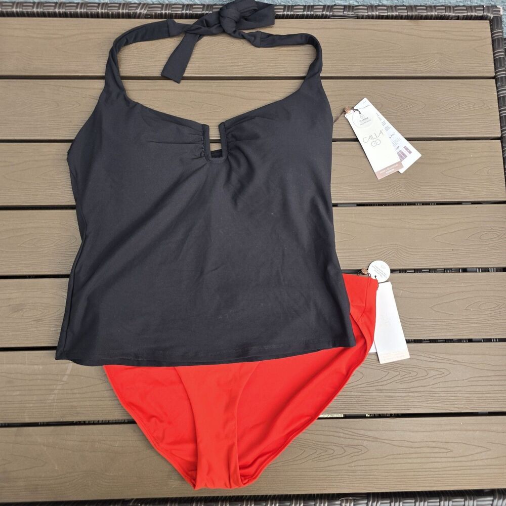 CALIA Womens U-Bar Halter Tankini W/ Frwsh Red Mid Rise Looped Bikini Sz L New